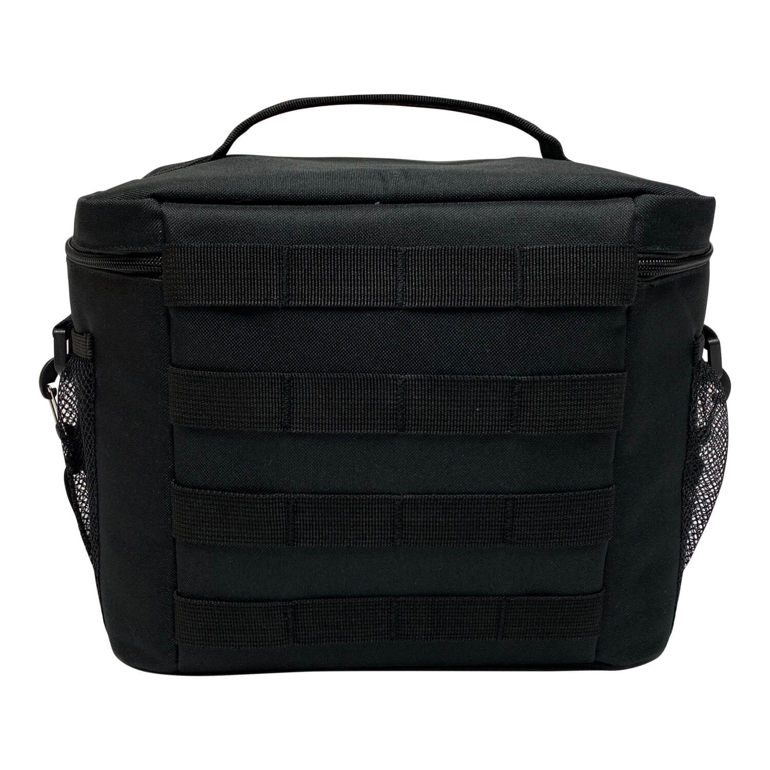 Black tactical bag with multiple straps on a white background