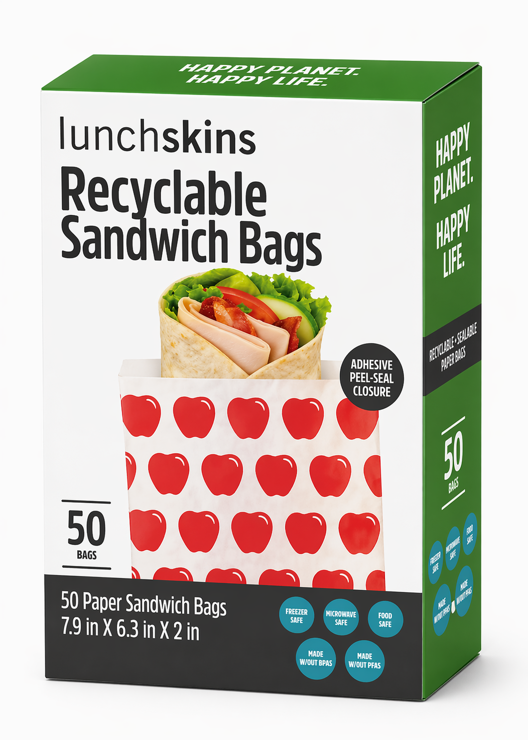 Box of recyclable sandwich bags with a visible brand logo on a white background