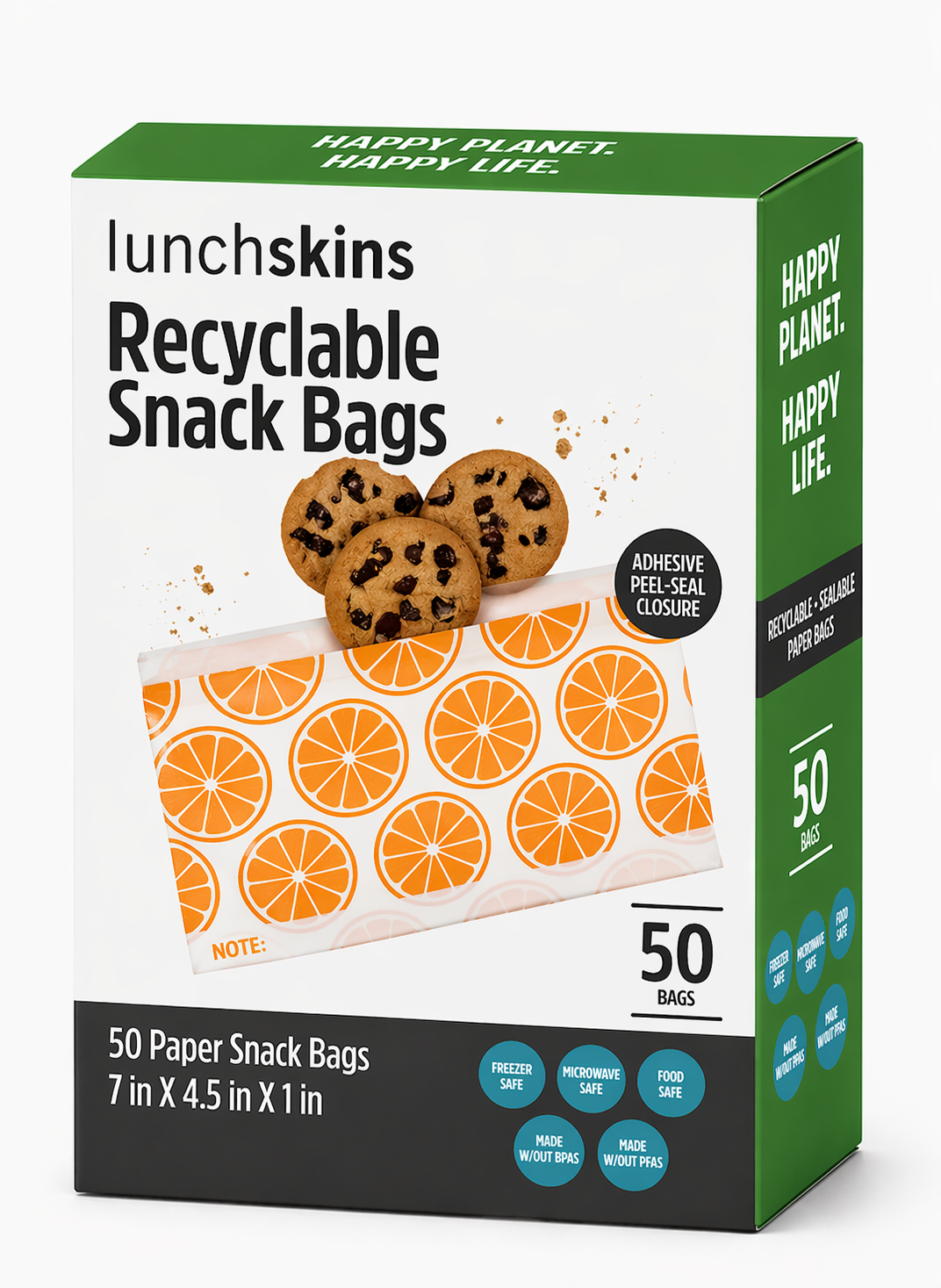 Box of recyclable snack bags with cookies on top, featuring Happy Planet branding.