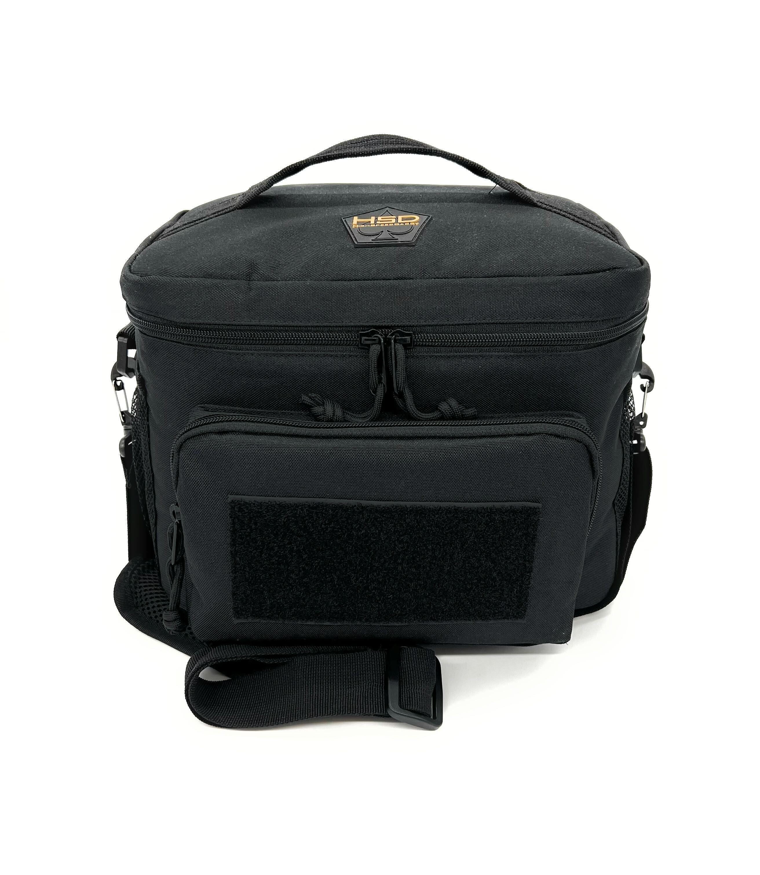 Black tactical bag with a visible brand logo on a white background
