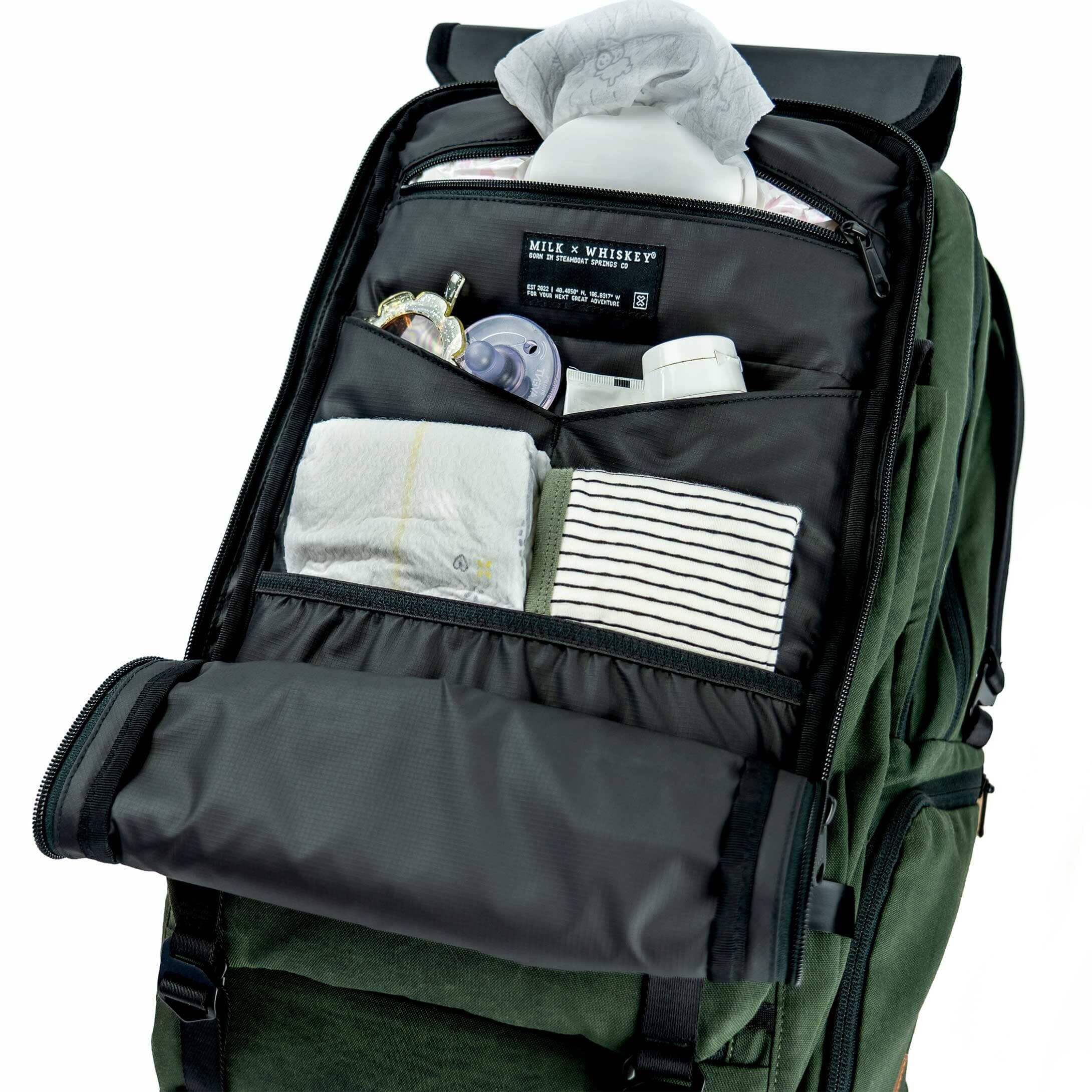 Green backpack with organized compartments on a white background