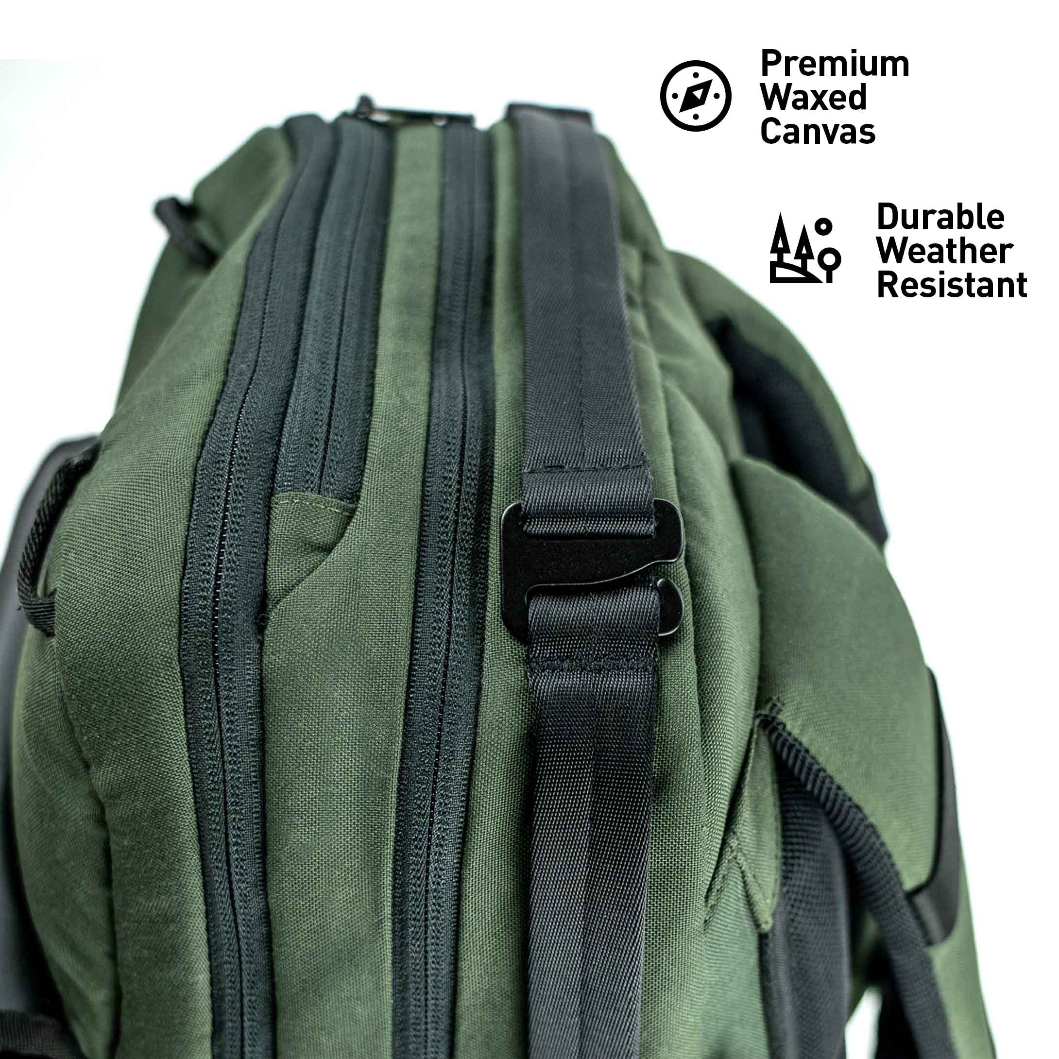 Green backpack with zippers and straps on a white background, featuring 'Premium Waxed Canvas' and 'Durable Weather Resistant' text.
