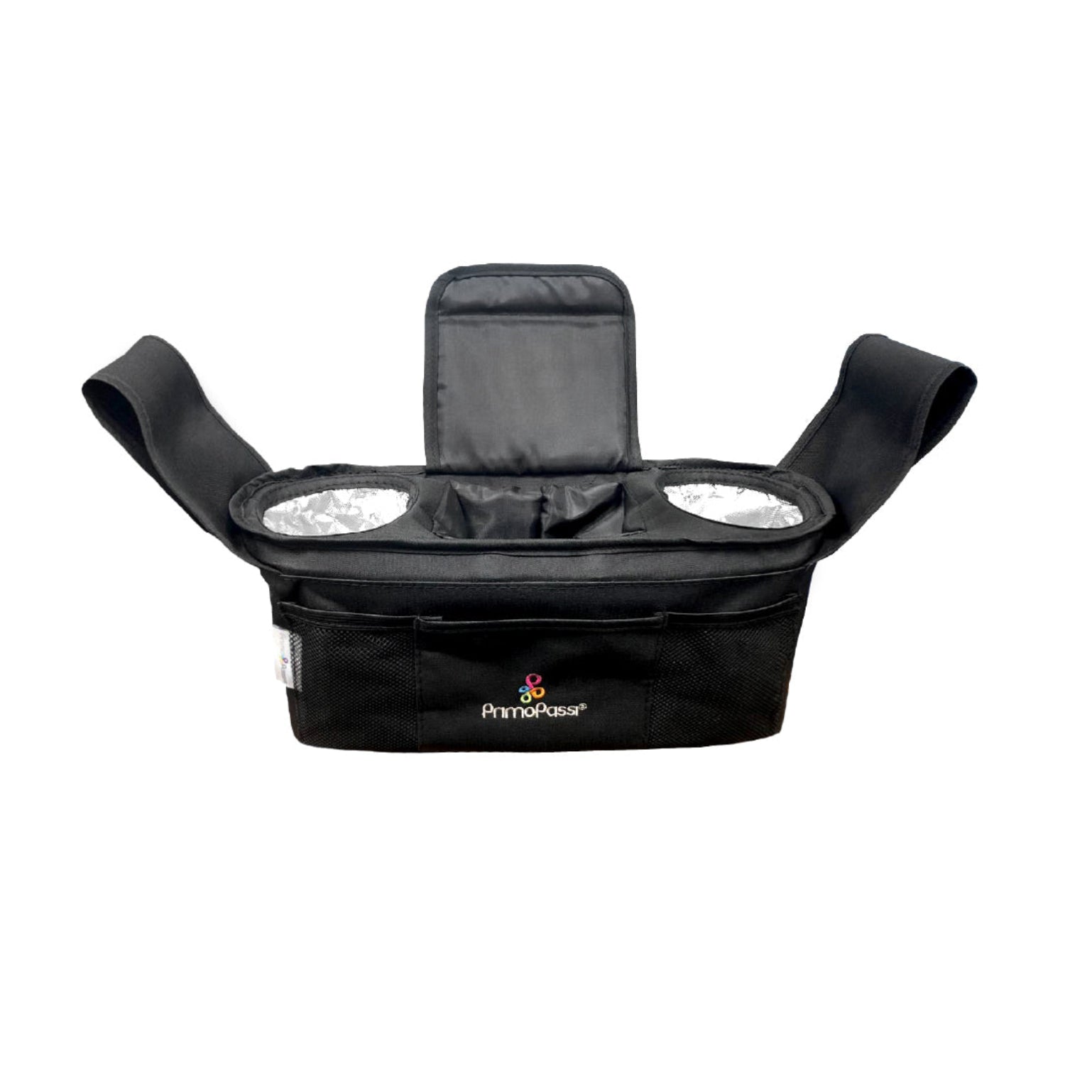 A black PrimalPace baby diaper bag shown from the back, featuring two adjustable shoulder straps, a zippered main compartment, and a padded top insert, with the PrimalPace logo printed in white and multicolor on the lower front.
