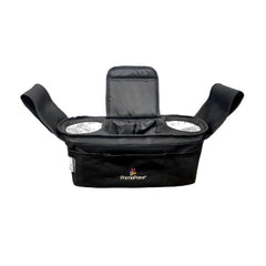 A black PrimalPace baby diaper bag shown from the back, featuring two adjustable shoulder straps, a zippered main compartment, and a padded top insert, with the PrimalPace logo printed in white and multicolor on the lower front.