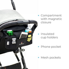 Stroller organizer with compartments and drink holders on a white background