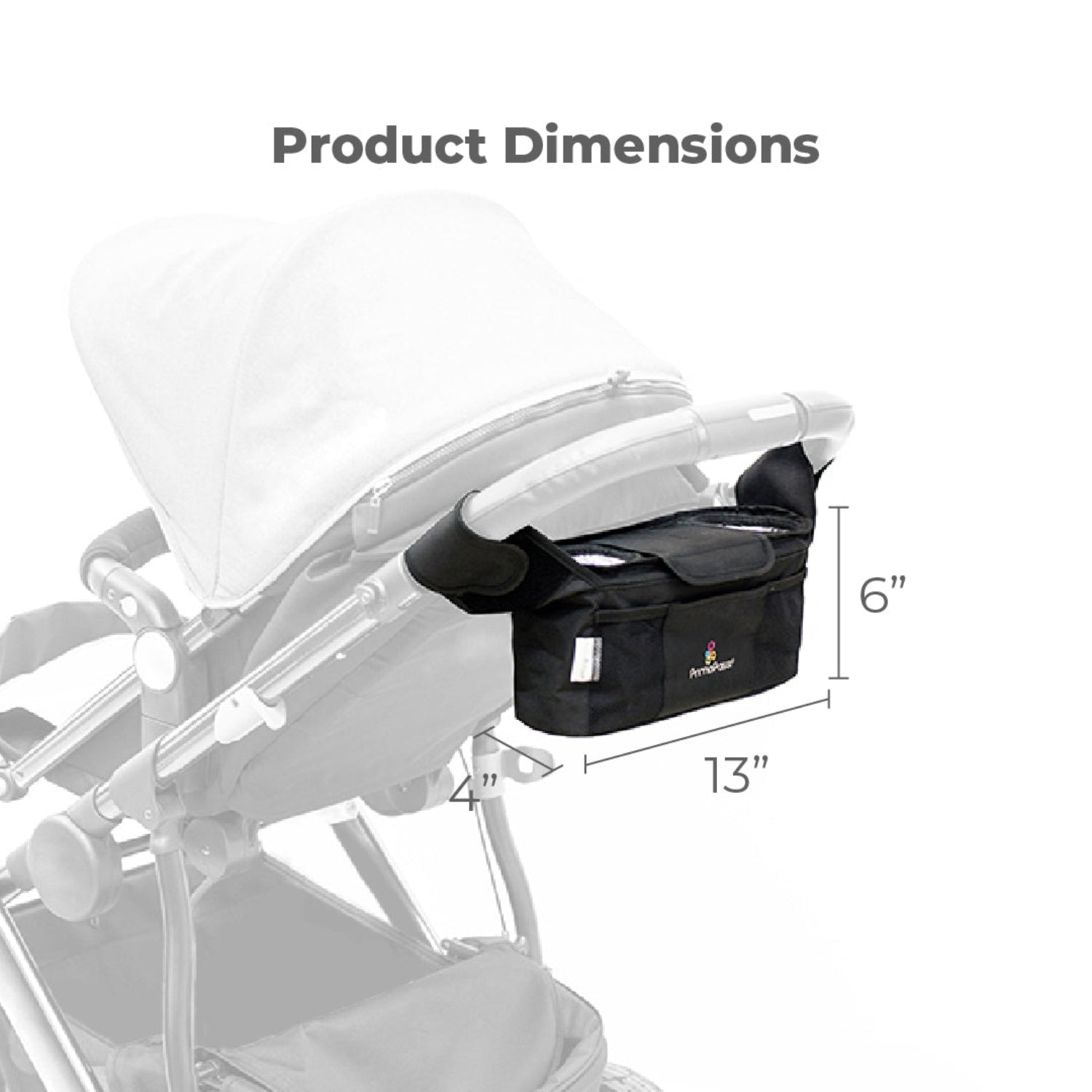 Black stroller organizer with dimensions displayed on a white background