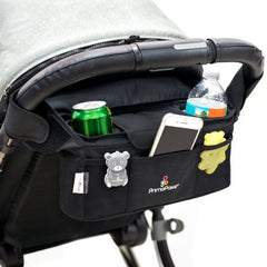 Stroller organizer with drink holders, phone case, and other items on a stroller.