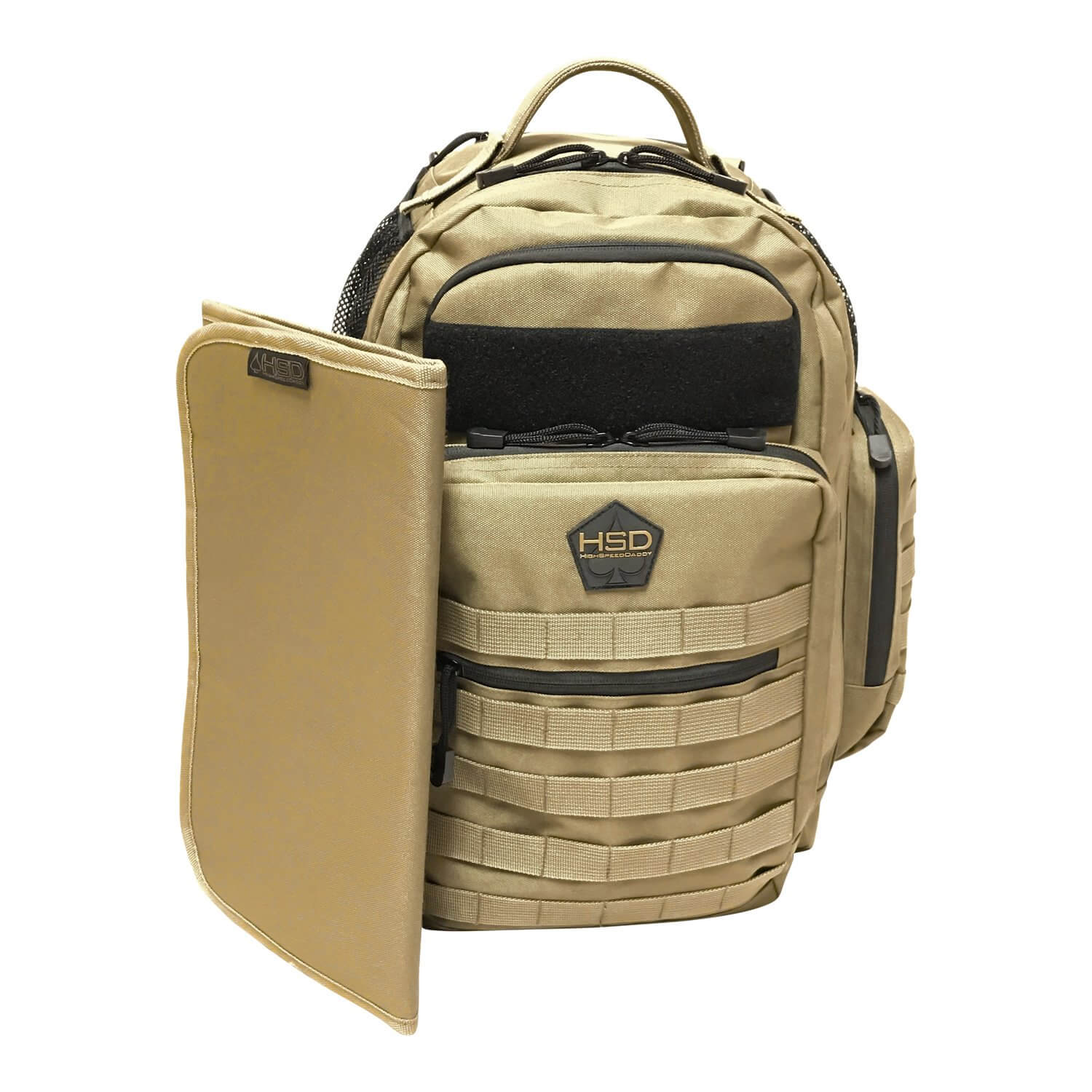 Tan tactical backpack with open side panel on a white background