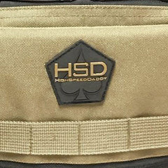 Tan fabric with a black and gold logo and text on a product