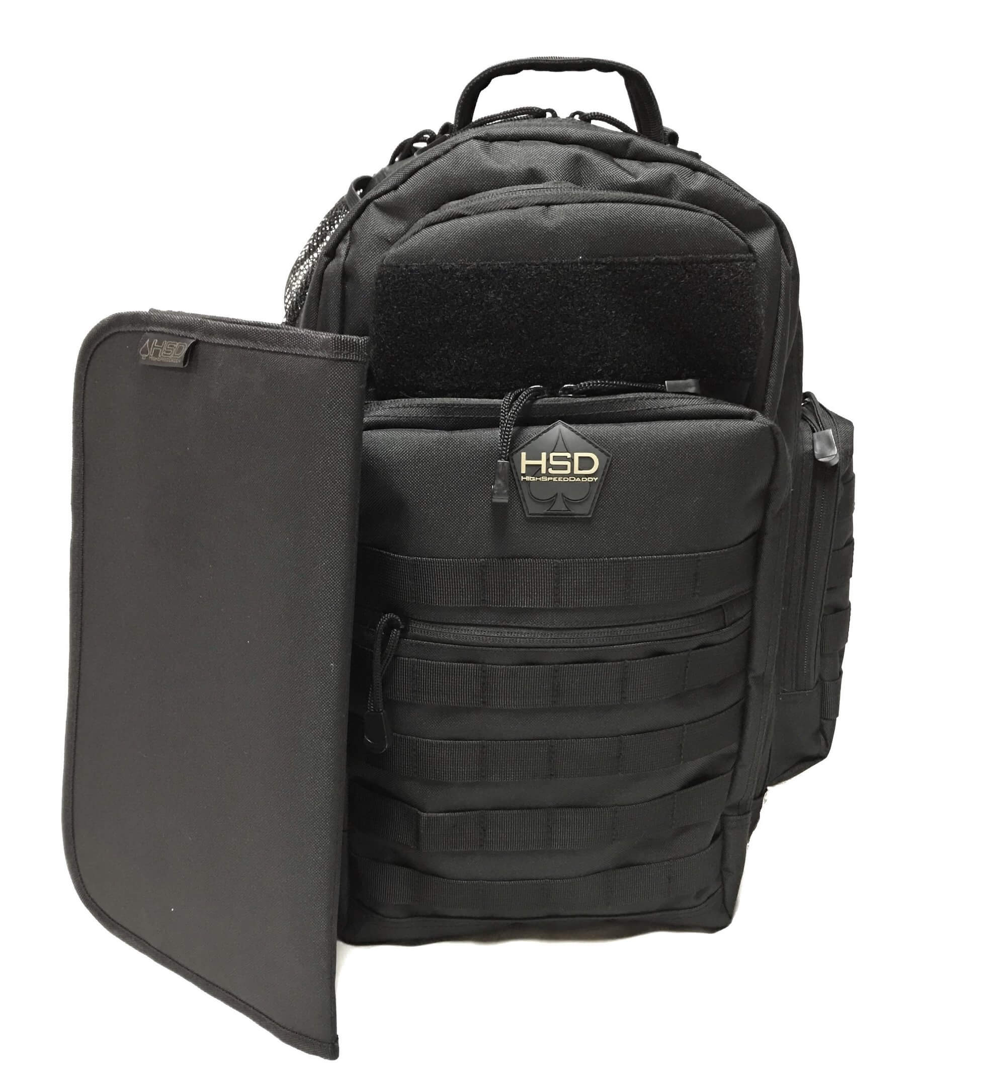 Black tactical backpack with open side panel on a white background