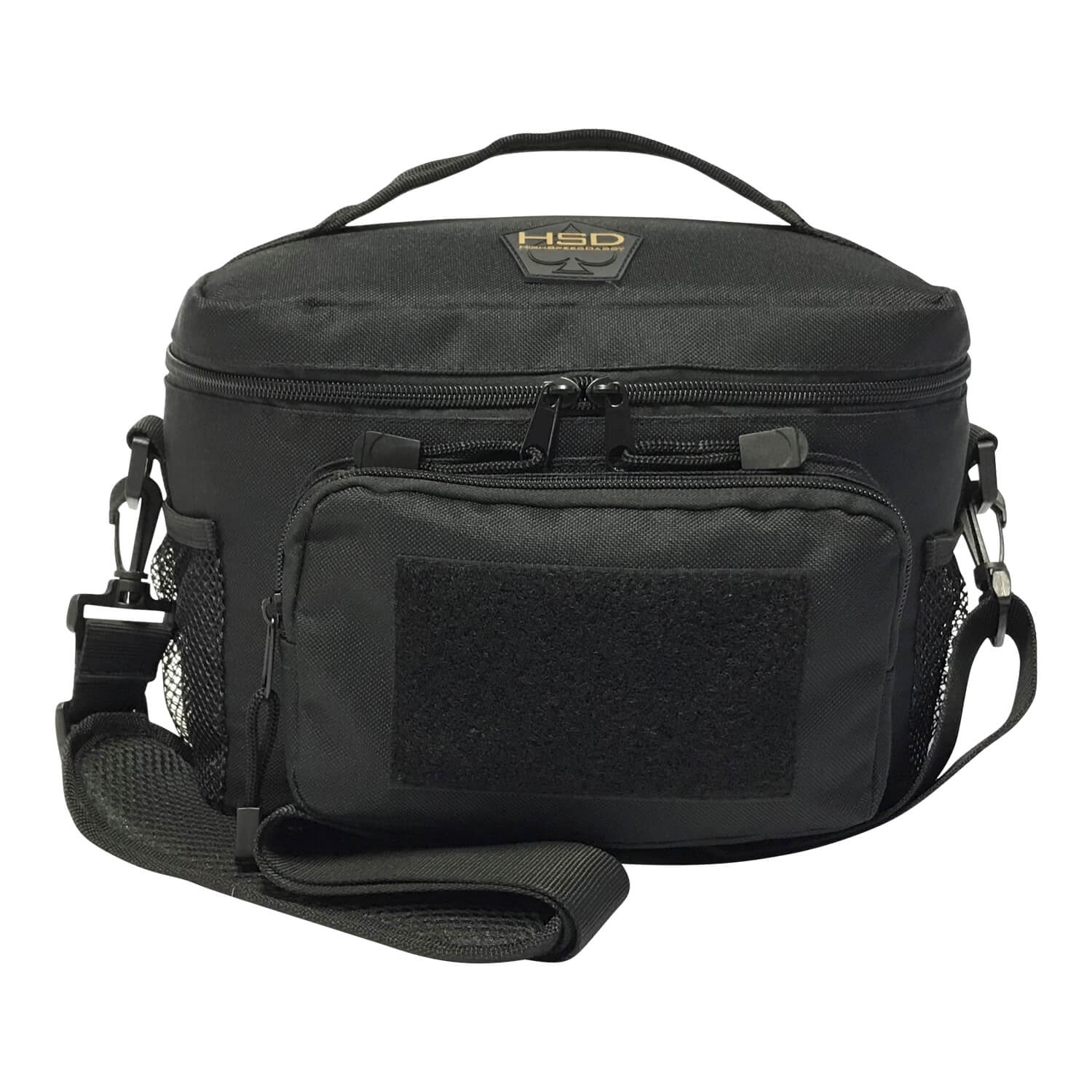 Black tactical bag with multiple compartments and a visible brand logo on a white background