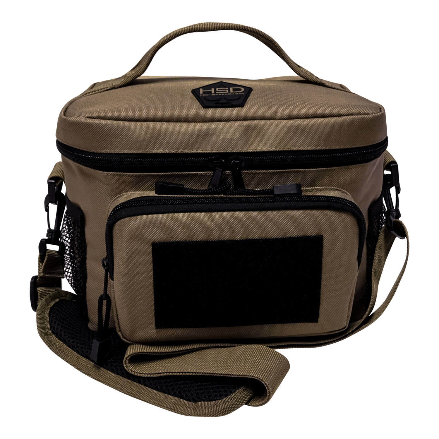 Brown bag with black accents and a visible brand logo on a white background
