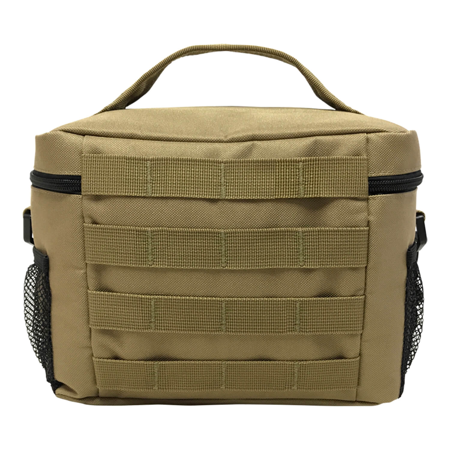 Khaki tactical bag with multiple straps on a white background