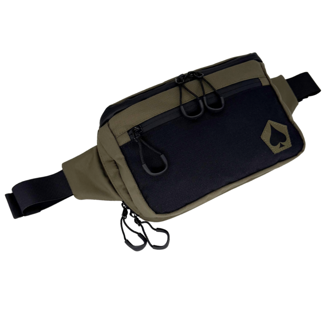 Kangol waist bag with black and beige design on a white background