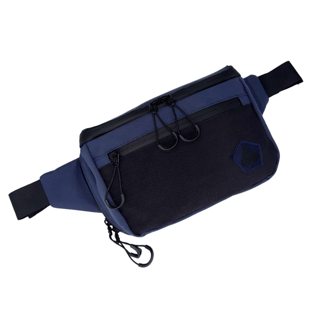 Blue and black waist bag on a white background