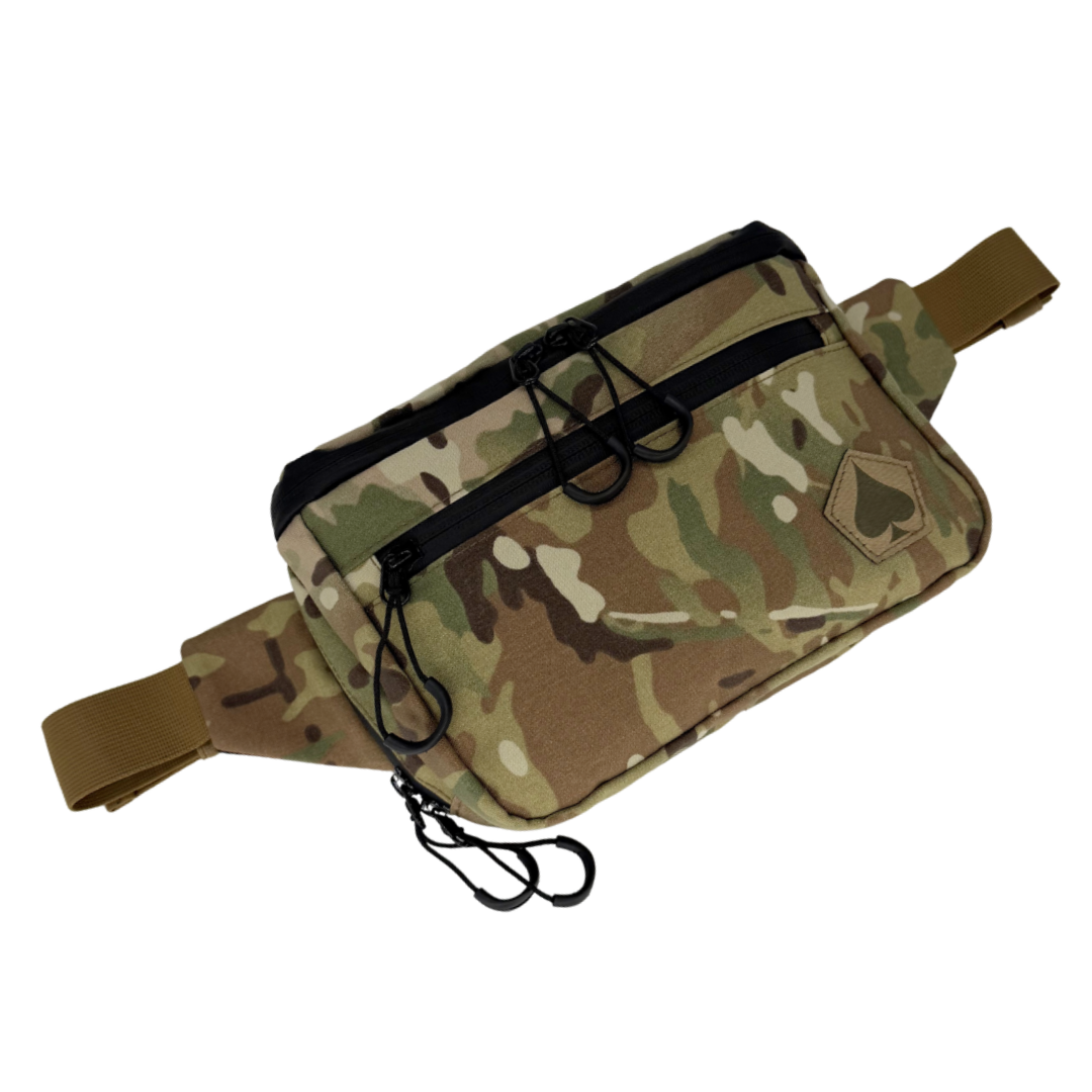 Camouflage waist bag with a brown strap on a white background