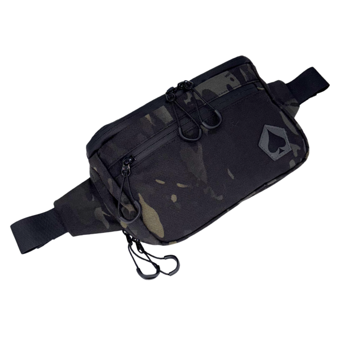 Black camouflage waist bag on a white background