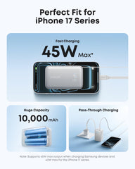 Power bank with charging capabilities for iPhone 17 Series on a light blue background