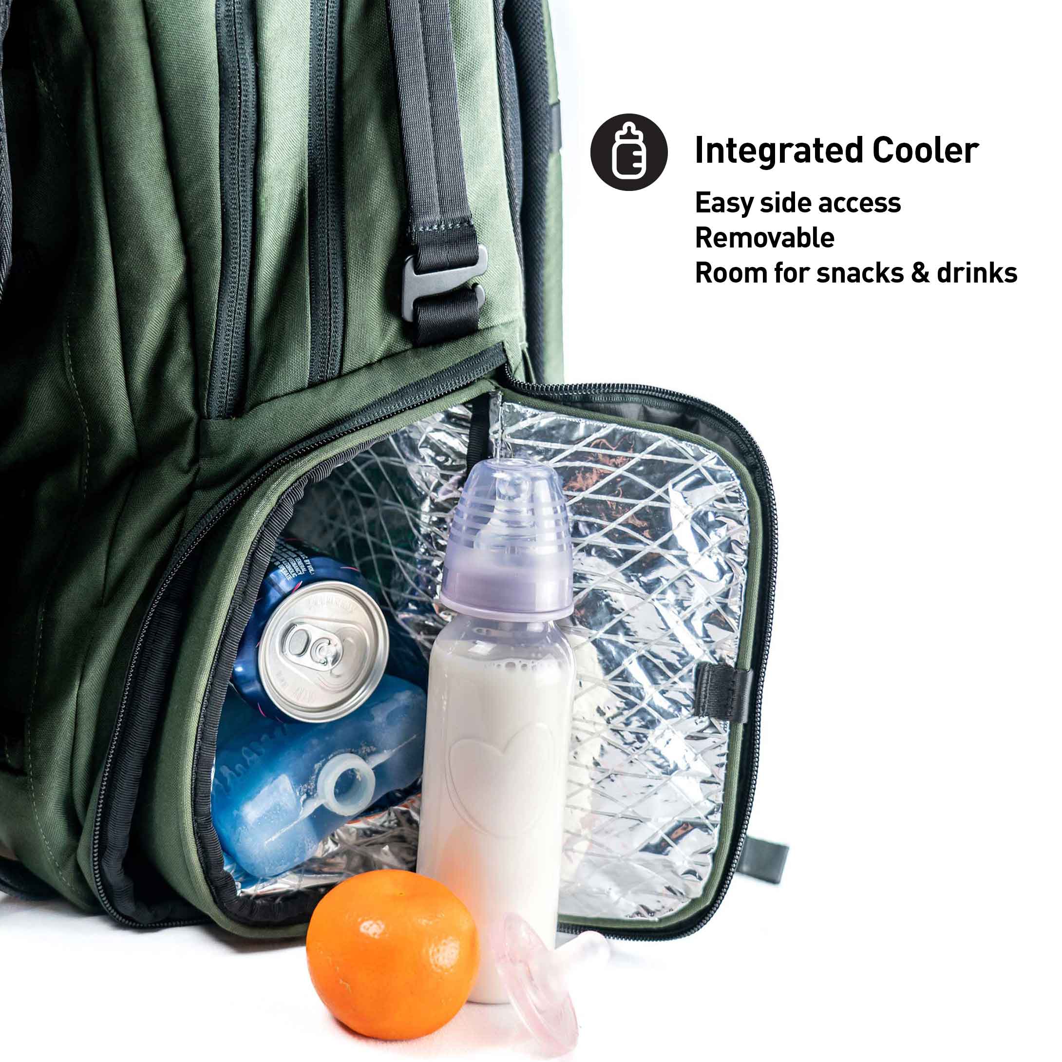 Green backpack with an integrated cooler compartment containing a bottle, can, and orange.