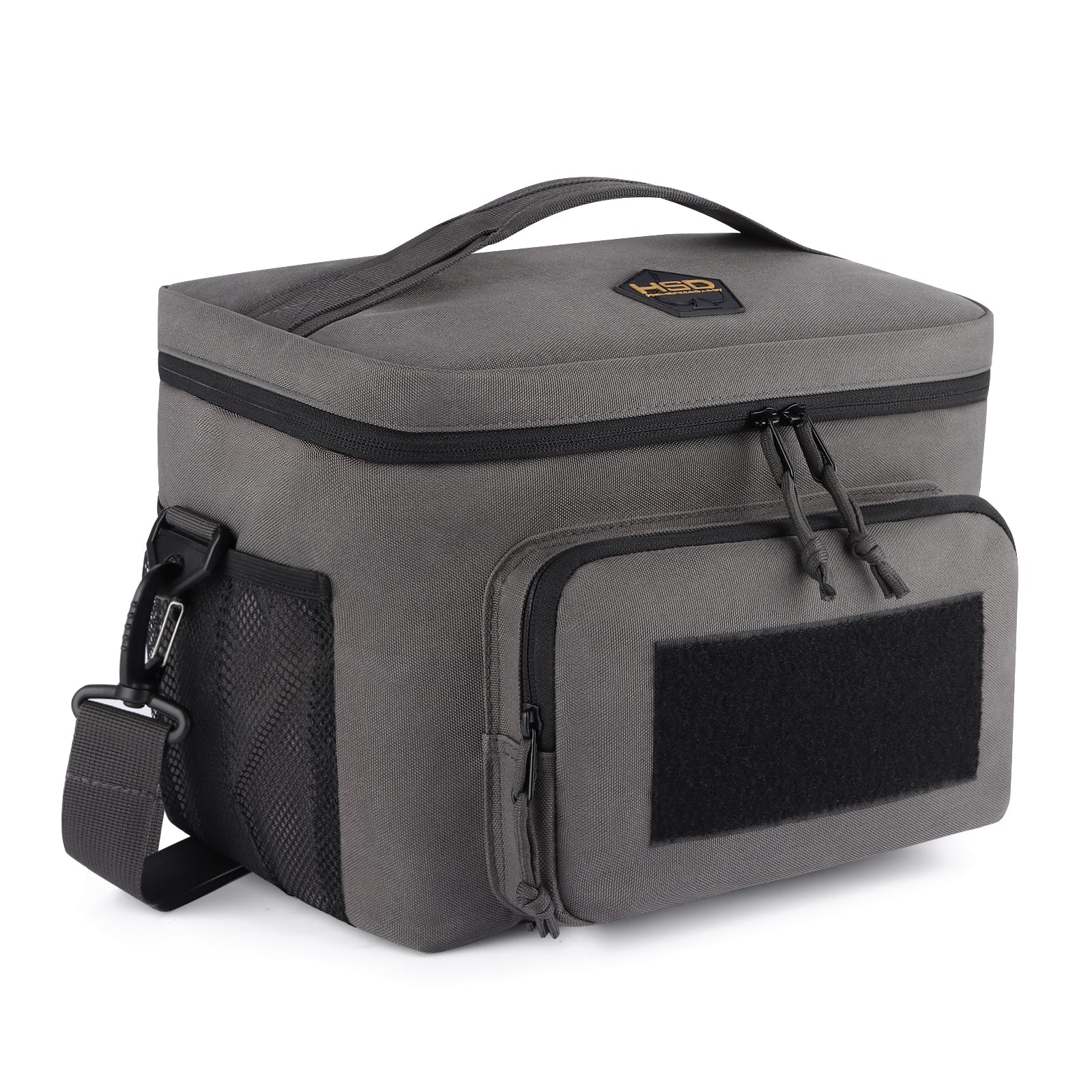 Gray cooler bag with black accents on a white background