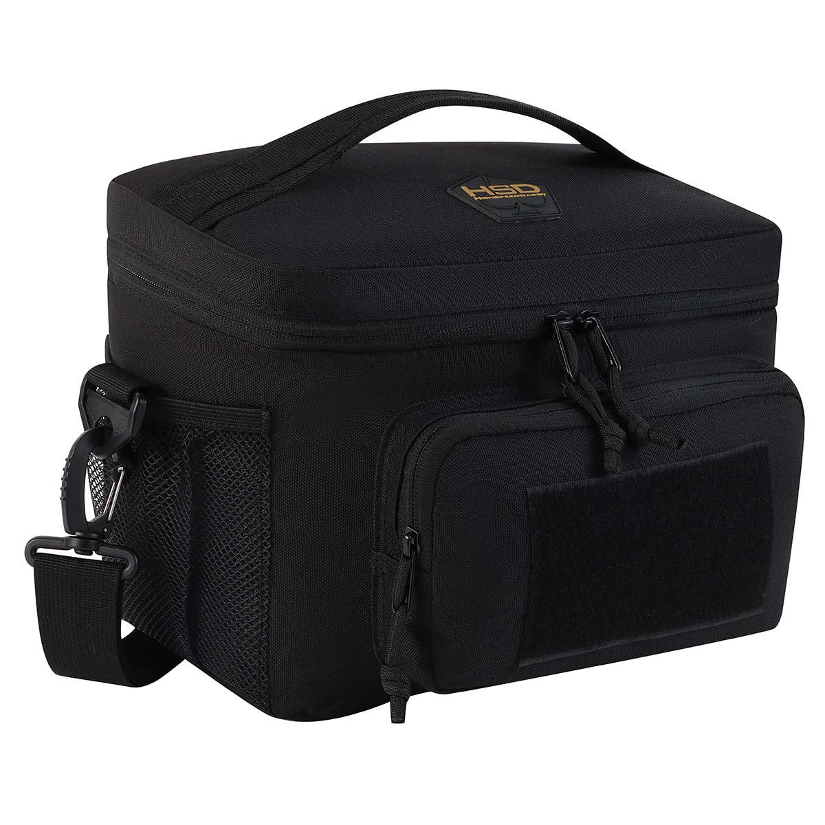 Black tactical bag with multiple compartments on a white background