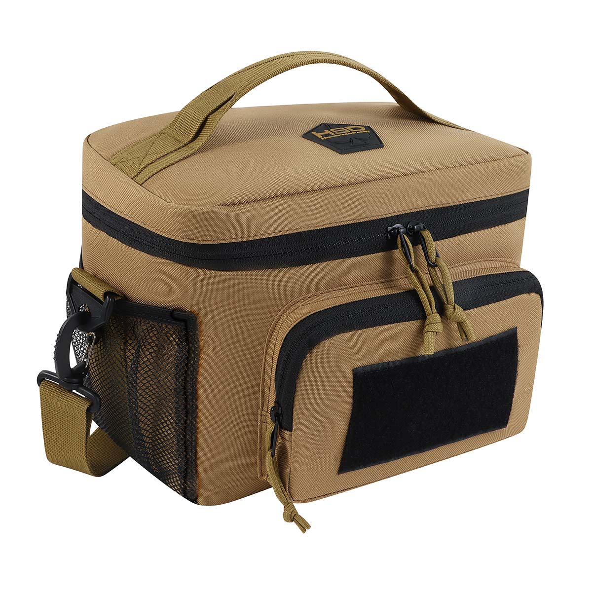 Tan and black cooler bag with a handle on a white background