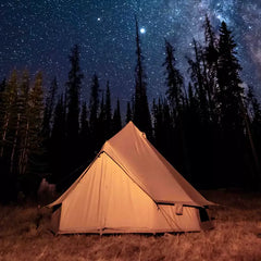 Camping tent under a starry night sky in a forest
