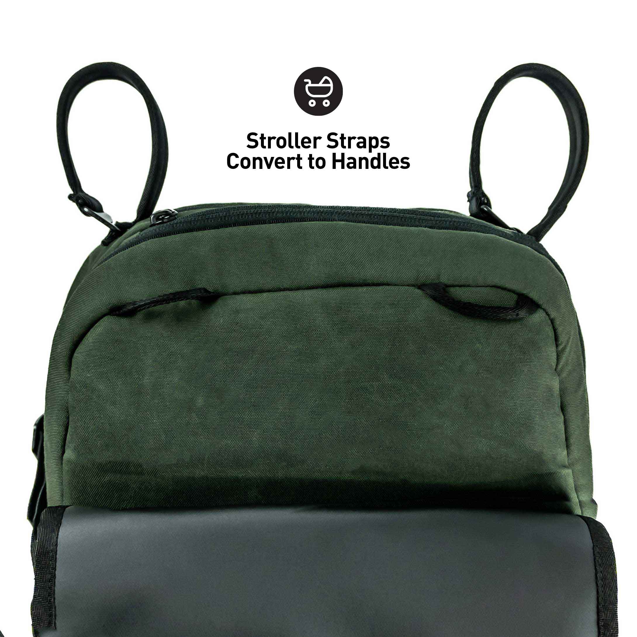 Green backpack with stroller straps convertible to handles on a white background