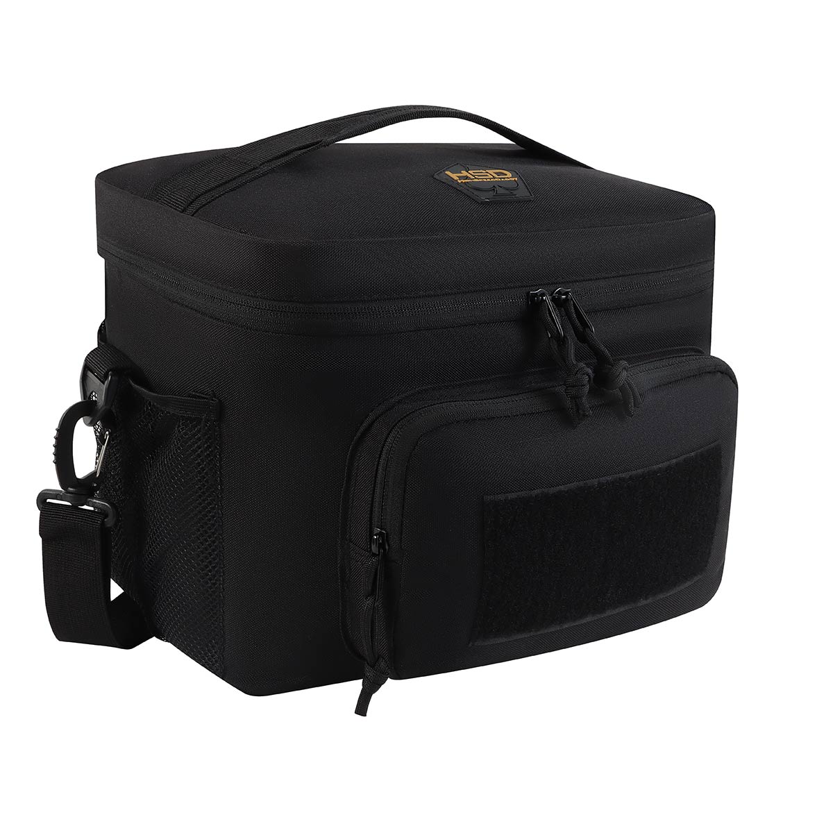 Black tactical bag with multiple compartments on a white background
