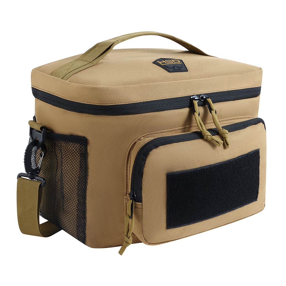 Tan and black cooler bag with a visible brand logo on a white background
