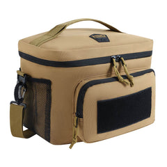 Tan and black cooler bag with a visible brand logo on a white background